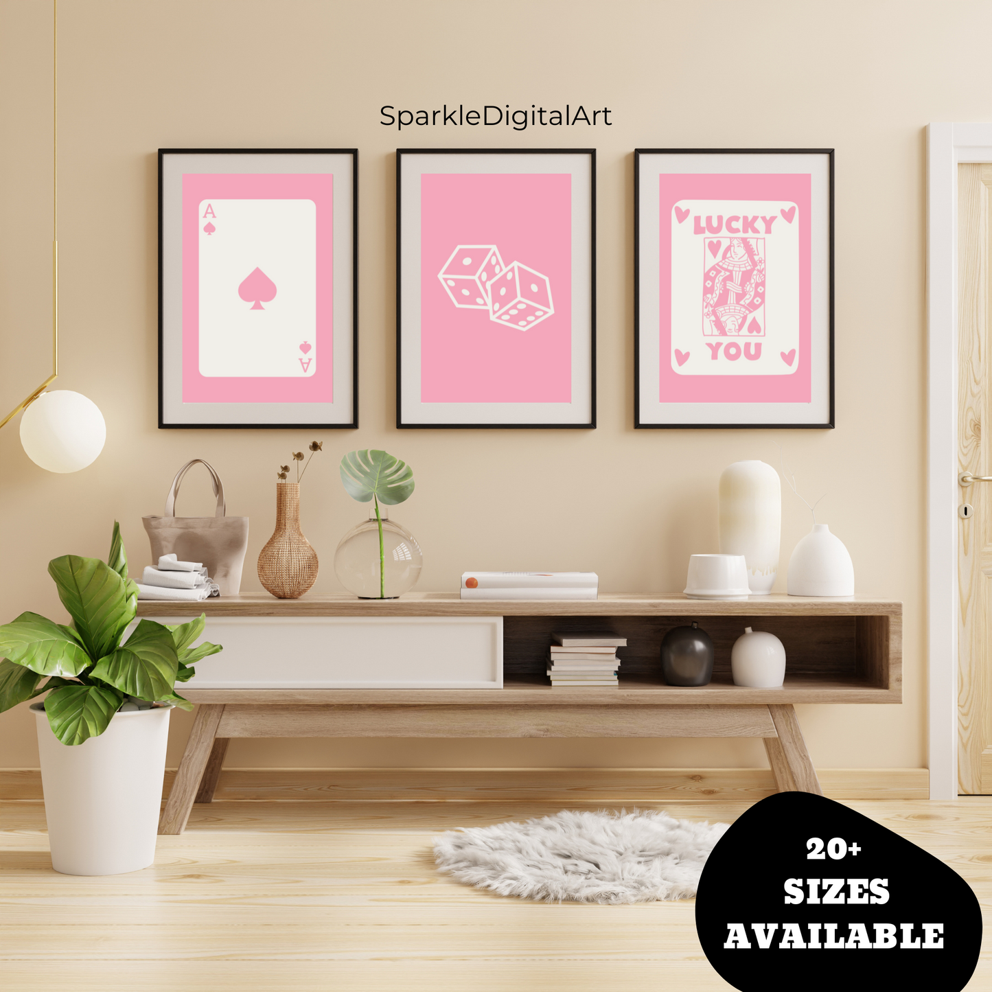 Lucky You Trendy Retro Set of 3 in Pink Wall Art