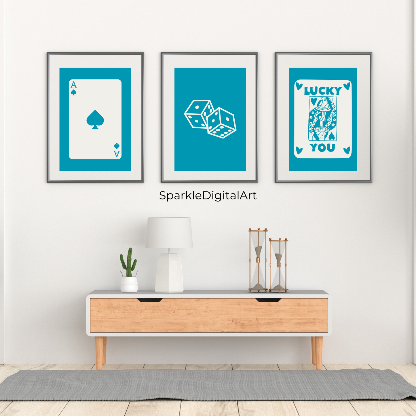 Lucky You Trendy Retro Set of 3 in Teal Wall Art